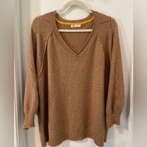 OVLA camel color pointelle knit sweater v neck EUC